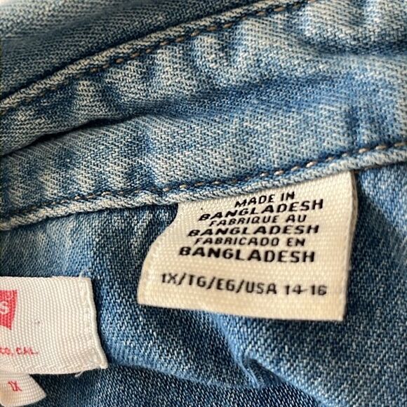 Levi's Med Blue Denim Red Tab Shirt Jacket Frayed Hem SZ 1X - Picture 8 of 11